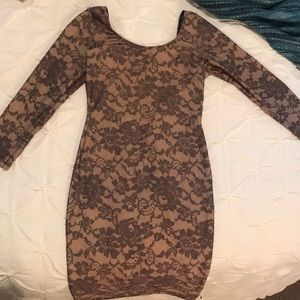 American Apparel tan and black lace print dress